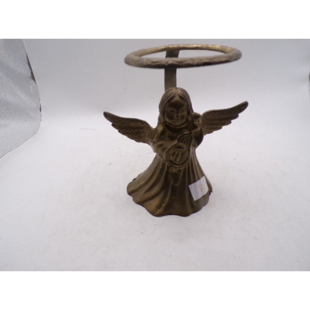 Vintage Solid Brass Angel Figurine Playing Harp with Halo Made in India 4 inch